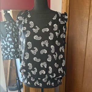 LOFT Black and White Paisley Top